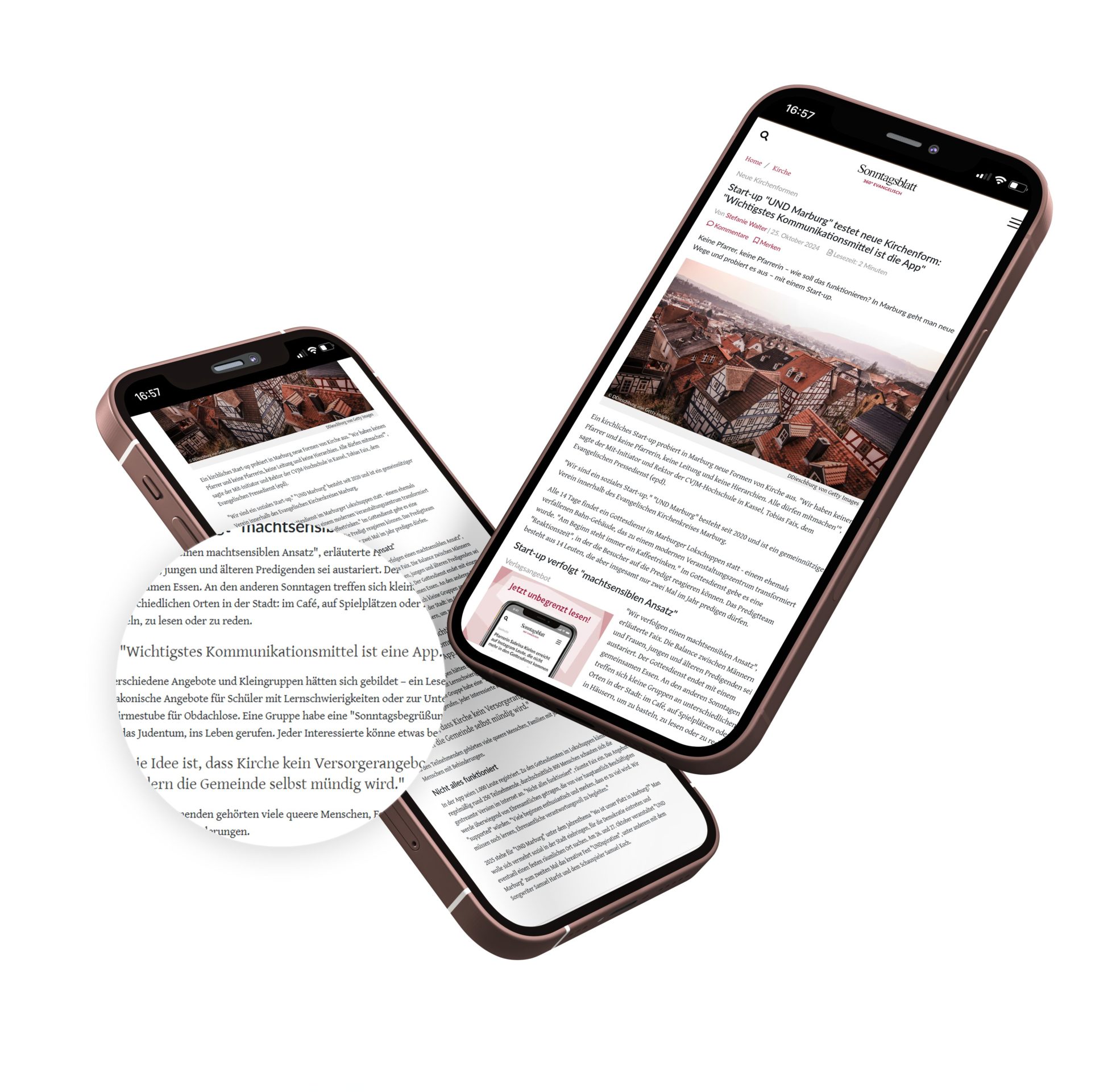 Smartphone mit Sonntagsblatt Artikel von Communi